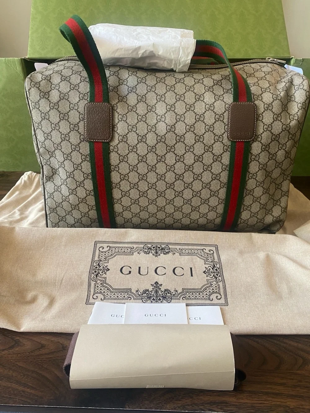 Gucci Beige GG Supreme 10ktf Canvas Duffel with Green-Red Web Straps